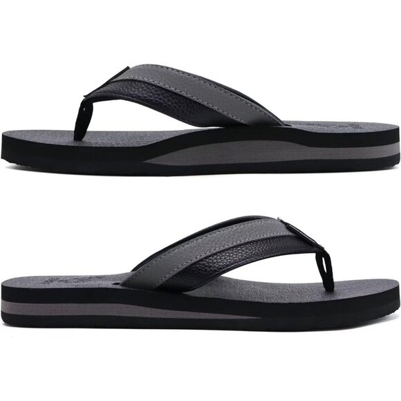 〽️Men\'s Flip Flop Sandal Black Grey Leather Slip On Arch Support Comfortable